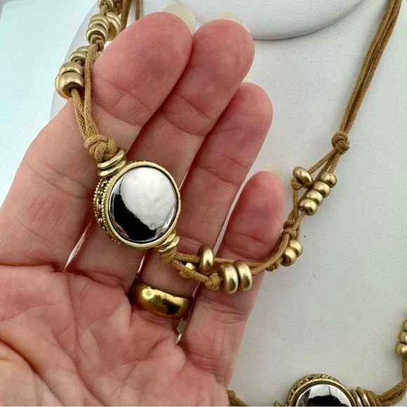 Chico's Tan and Gold Beaded Necklace on a Tan Leather Strap long EUC - Picture 5 of 10